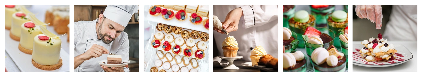 Collectie van gourmetgebak en taarten gerangschikt als een catering showcase banner