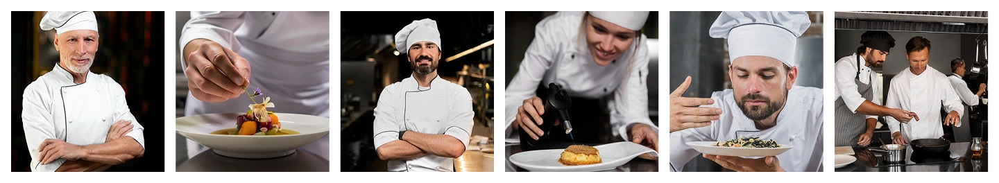 Collectie van professionele chefs die gourmetgerechten bereiden en presenteren in een culinair portfolio showcase banner